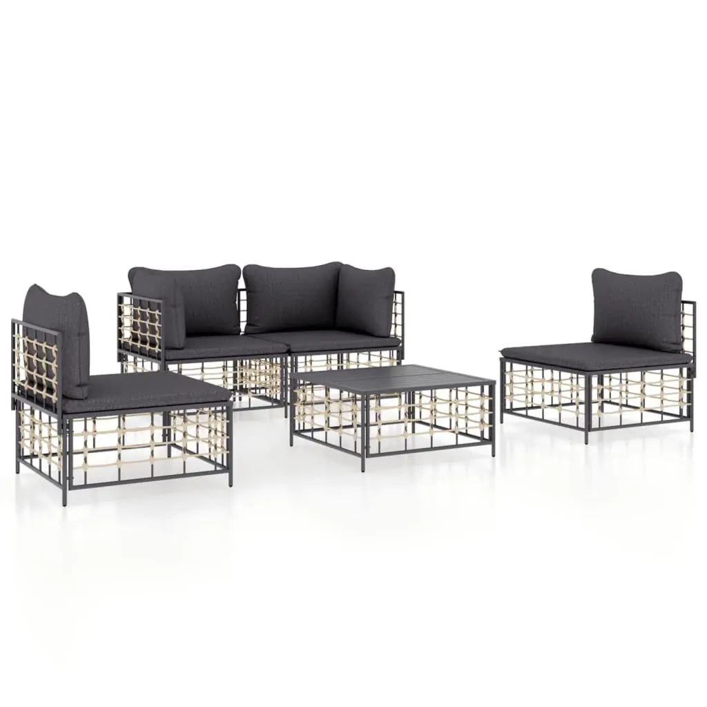 5 Piece Garden Lounge Set Anthracite Poly Rattan Outdoor Furniture with Cushions