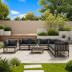 Outdoor Lounge Set 9 Piece Garden Furniture Poly Rattan Sofa with Cushions