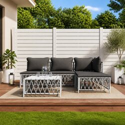 5 Piece Outdoor Garden Lounge Set White Steel Frame Modular Sofa Cushions