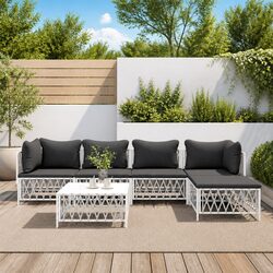 Garden Lounge Set 6 Piece Outdoor Furniture with Cushions White Steel Frame