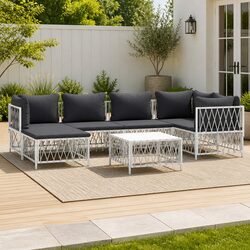 7 Piece Garden Lounge Set White Steel Frame Outdoor Furniture Woven Cushions