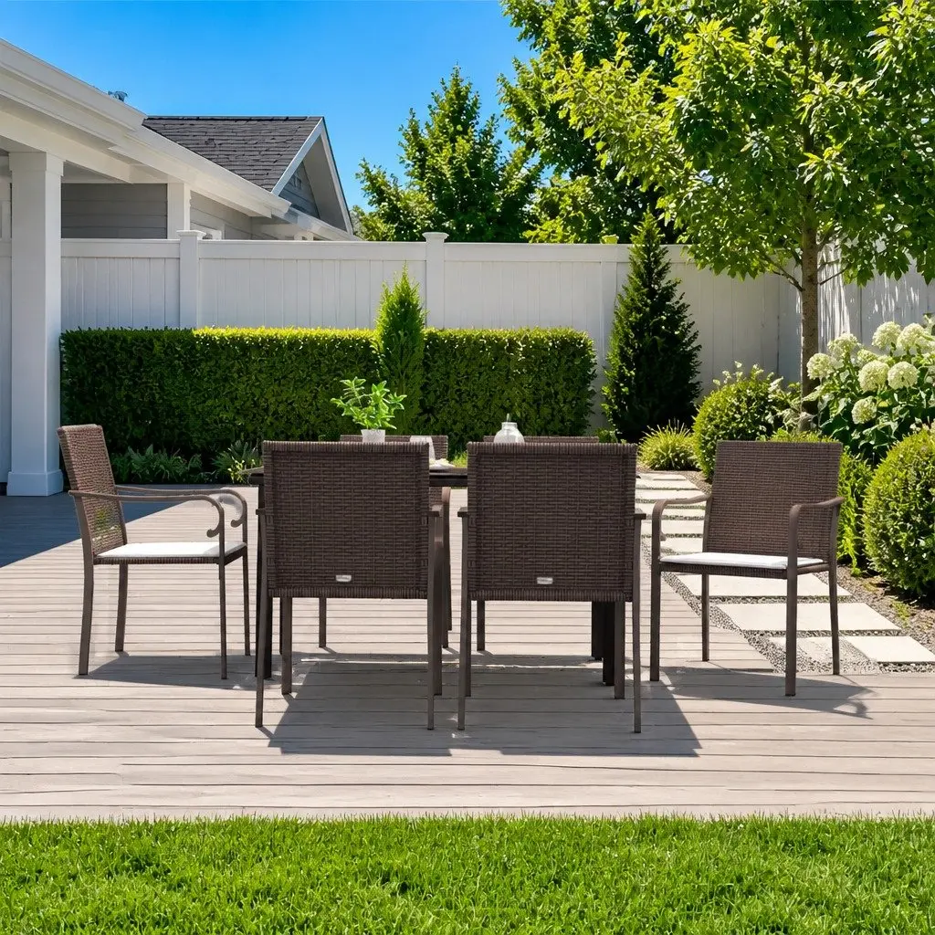 7 Piece Garden Dining Set Brown Poly Rattan Steel Frame Patio Furniture with
