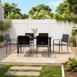 7 Piece Garden Dining Set Poly Rattan Steel Black Outdoor Patio Furniture