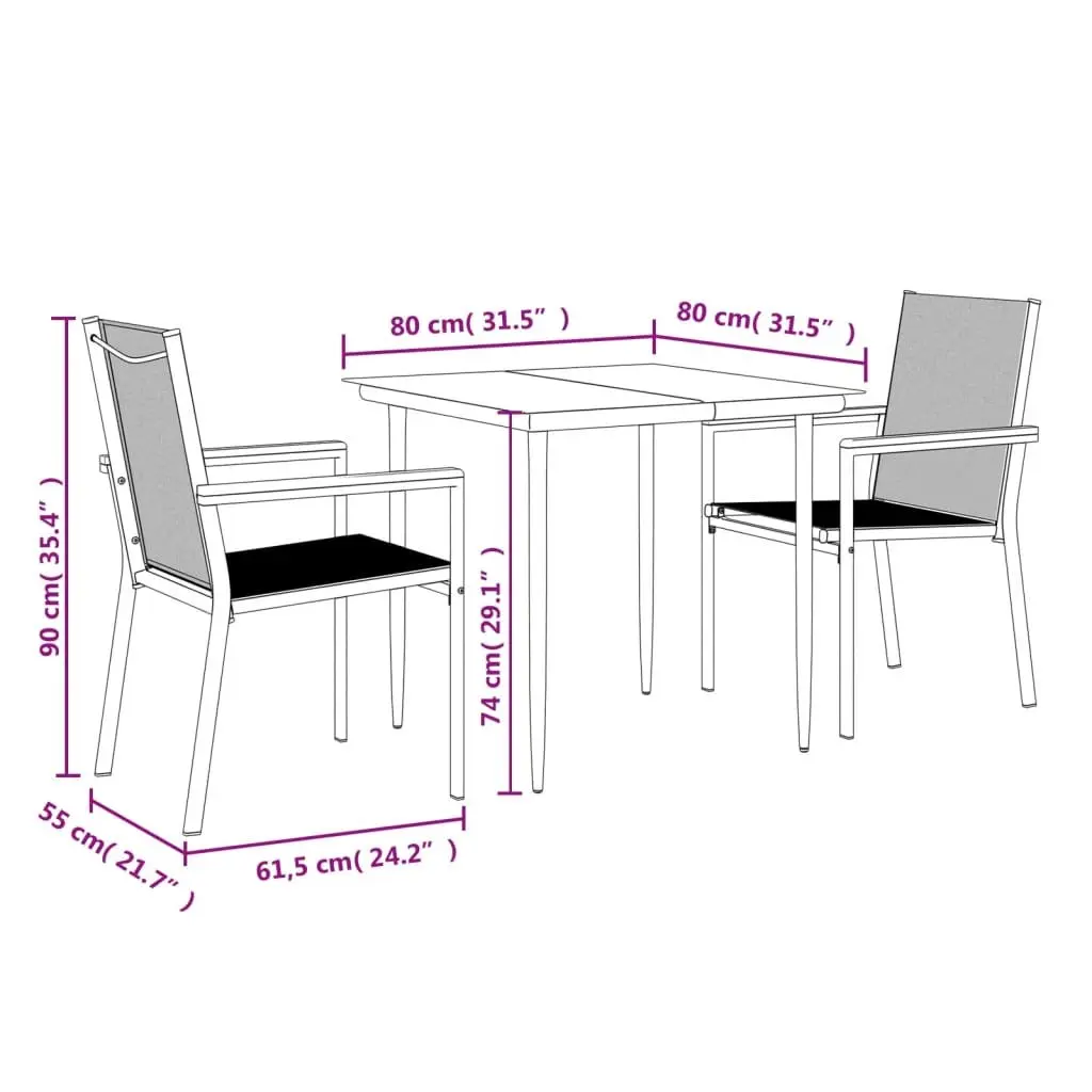 Garden Dining Set 3 Piece Black Outdoor Furniture Patio Table Chairs