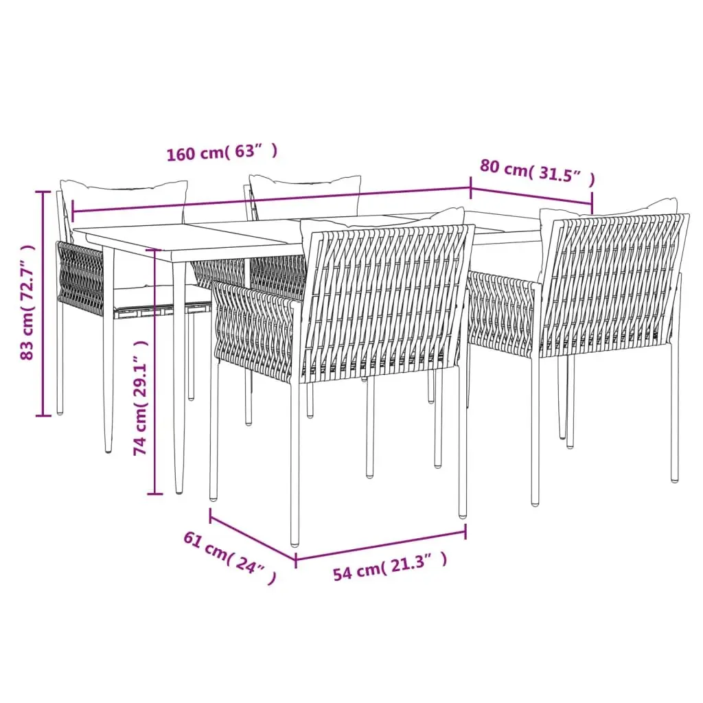 5 Piece Outdoor Dining Set Black Garden Furniture Poly Rattan Steel Frame Chairs