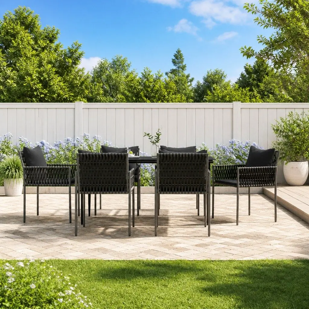 7 Piece Garden Dining Set with Cushions Poly Rattan Steel Black