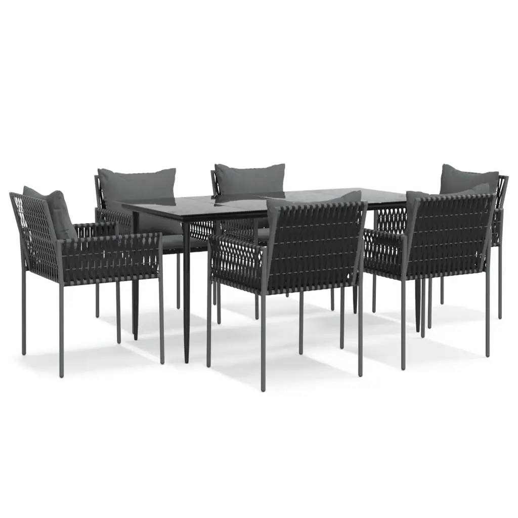 7 Piece Garden Dining Set with Cushions Poly Rattan Steel Black