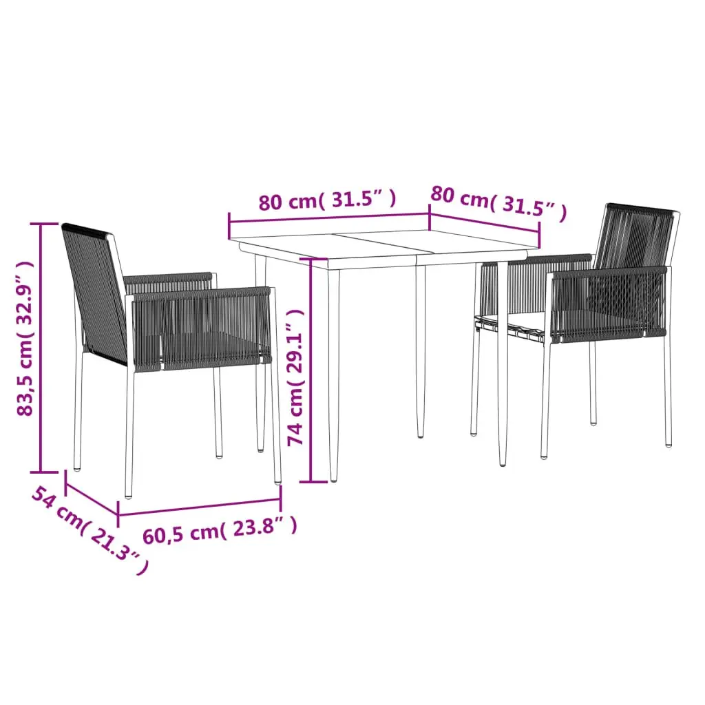 Garden Dining Set 3 Piece Outdoor Furniture Black Poly Rattan Steel Frame