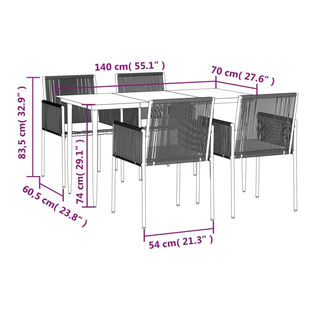 5 Piece Garden Dining Set Outdoor Furniture Black Poly Rattan Steel Frame
