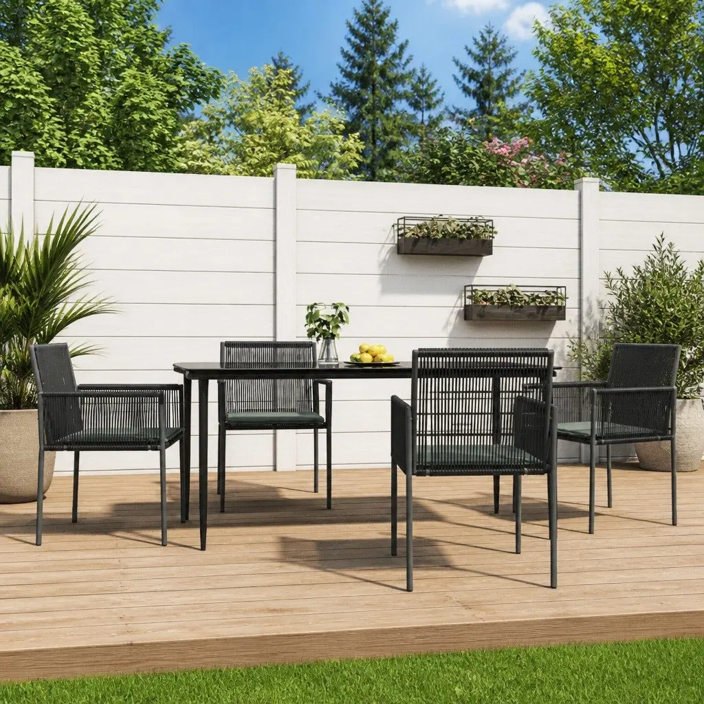 5 Piece Garden Dining Set Outdoor Furniture Black Poly Rattan Steel Frame Chairs