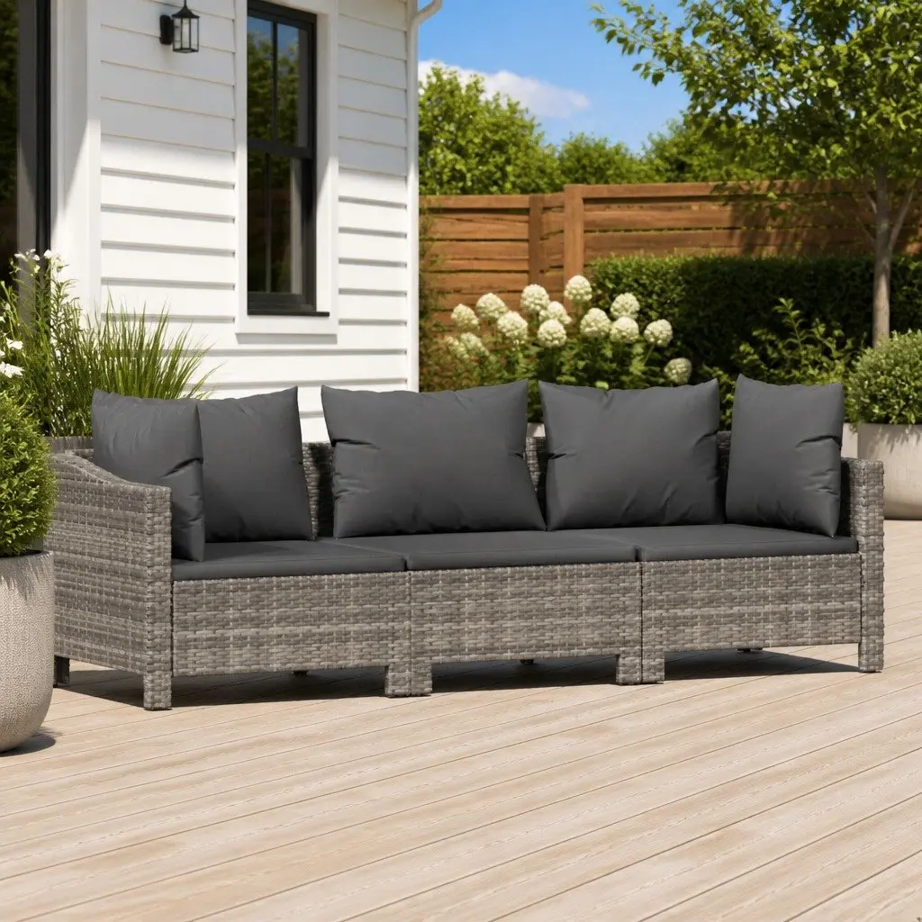 3 Piece Outdoor Garden Lounge Set Grey Poly Rattan with Cushions Patio Furniture
