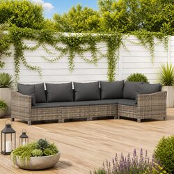 Grey Poly Rattan Garden Lounge Set 5 Piece with Cushions Outdoor Furniture