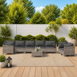 Garden Lounge Set 9 Piece Outdoor Furniture Grey Poly Rattan Cushions Modular