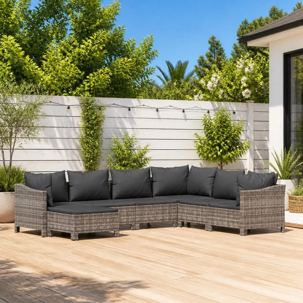 7 Piece Garden Lounge Set Outdoor Furniture with Cushions Grey Poly Rattan