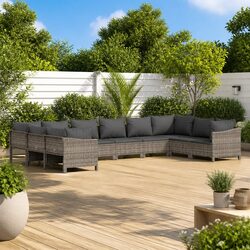 Garden Lounge Set 10 Piece Outdoor Furniture Grey Poly Rattan with Cushions