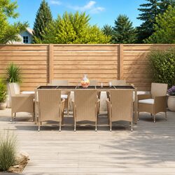 Garden Dining Set 9 Piece Outdoor Furniture Beige Poly Rattan Table Chairs