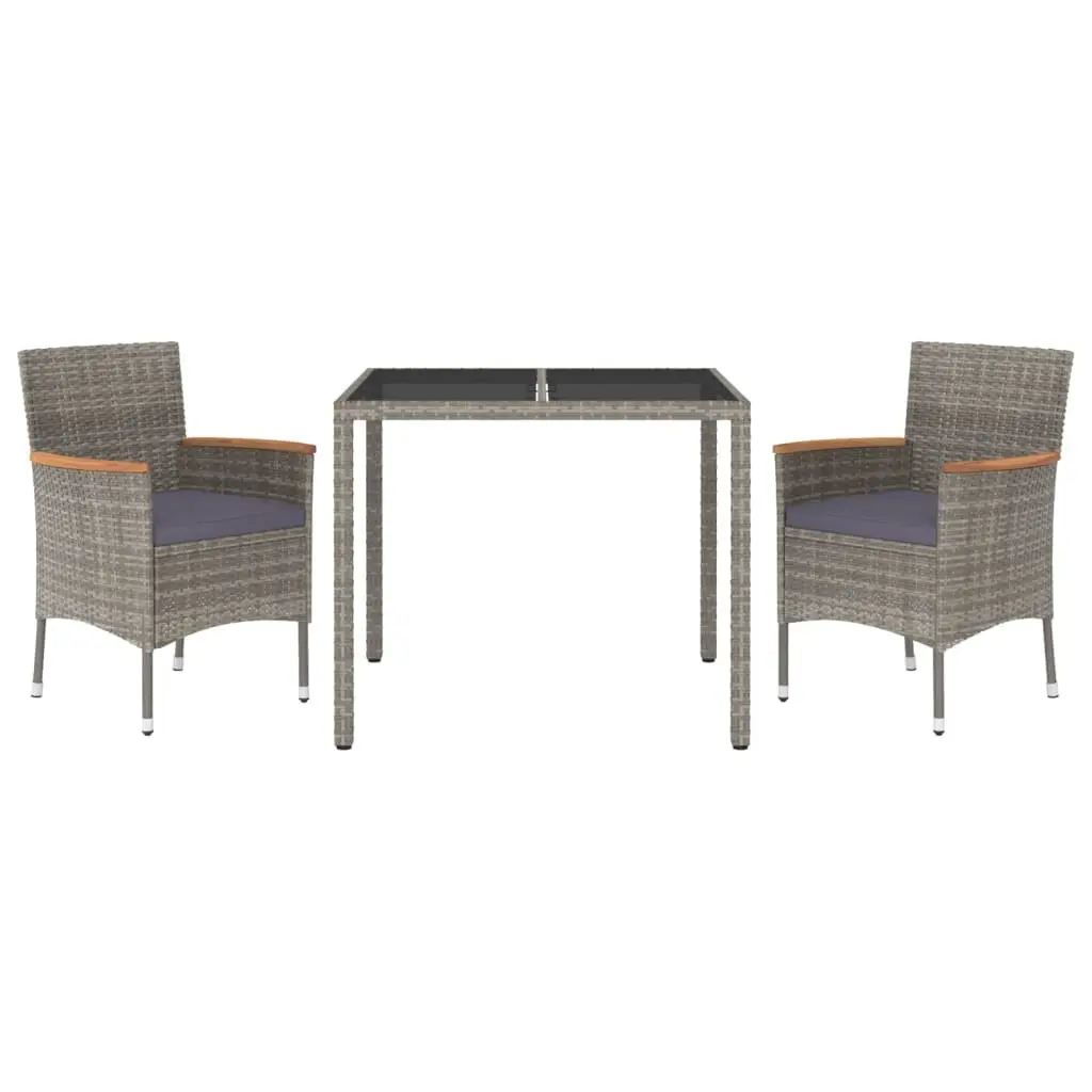 3 Piece Outdoor Dining Set Grey Poly Rattan Garden Furniture with Cushions