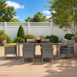 7 Piece Garden Dining Set Outdoor Furniture Grey Poly Rattan Chairs Table