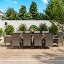 Outdoor Dining Set 11 Piece Grey Poly Rattan Garden Furniture with Cushions
