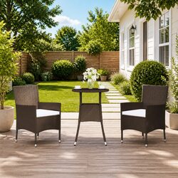 3 Piece Garden Bistro Set Brown Outdoor Furniture Chairs Table with Cushions