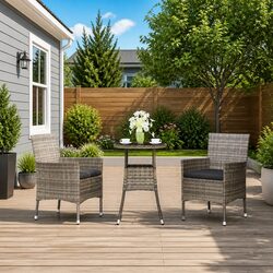 3 Piece Garden Bistro Set with Cushions Grey Outdoor Furniture Patio Dining