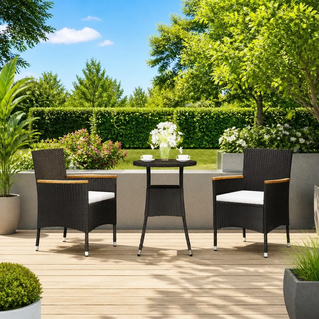 3 Piece Garden Bistro Set Outdoor Furniture with Cushions Black Poly Rattan