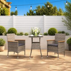 Garden Bistro Set 3 Piece Grey Poly Rattan Chairs Table Cushions Outdoor