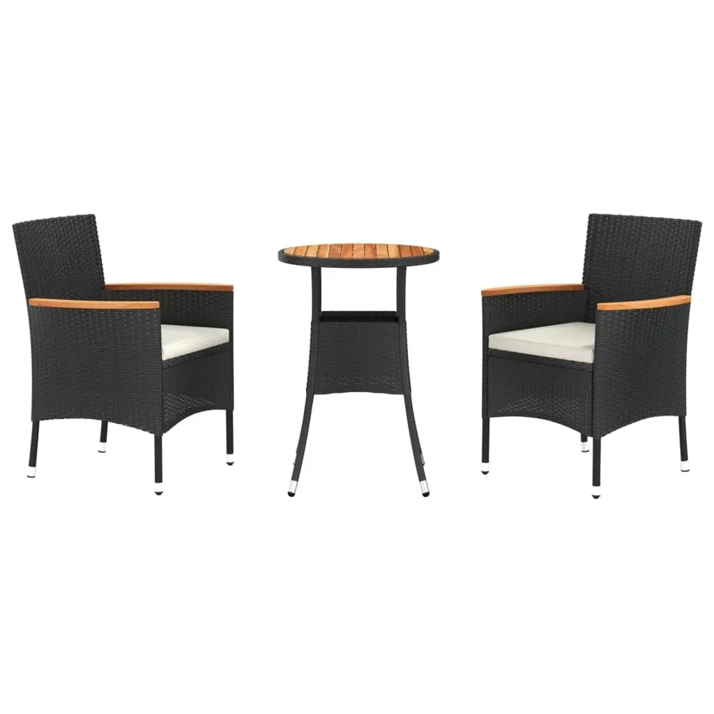 Garden Bistro Set 3 Piece Outdoor Furniture Black Poly Rattan with Cushions