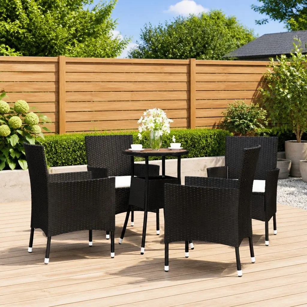 5 Piece Garden Bistro Set Black Poly Rattan Outdoor Furniture with Cushions