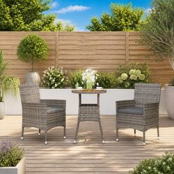 Garden Bistro Set 3 Piece Grey Rattan Outdoor Furniture Patio Dining Chairs