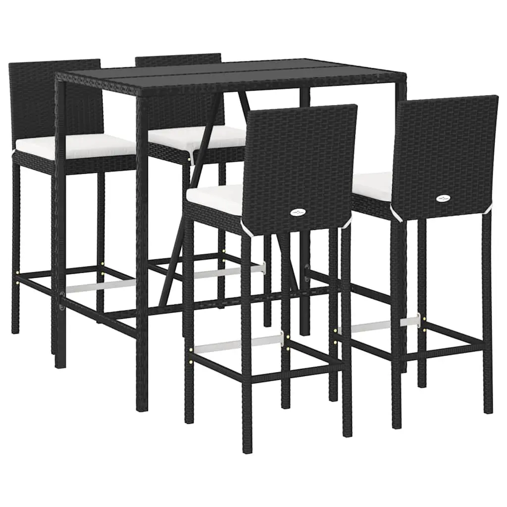 Outdoor Bar Set 5 Piece Black Poly Rattan with Cushions Patio Furniture