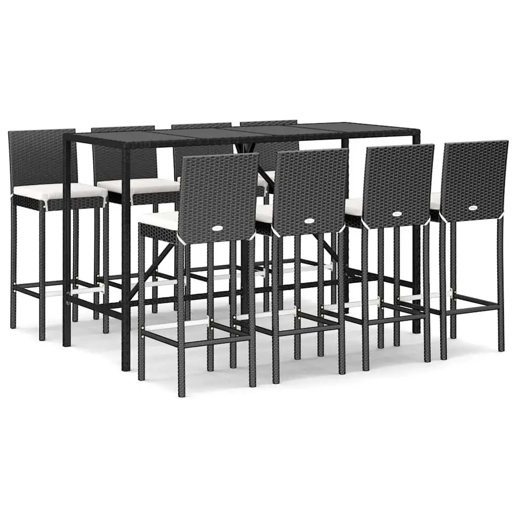 Outdoor Bar Set 9 Piece with Cushions Black Poly Rattan Patio Furniture