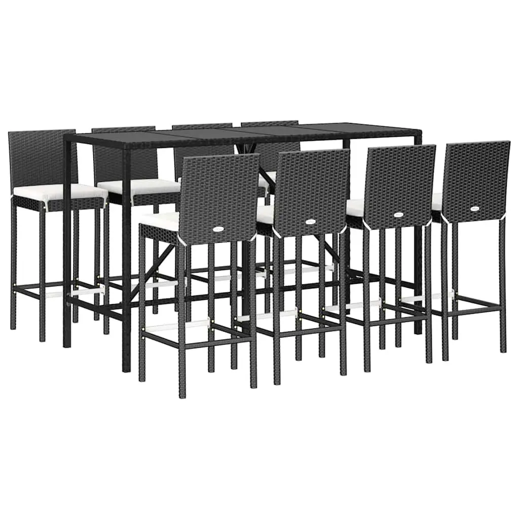 Outdoor Bar Set 9 Piece with Cushions Black Poly Rattan Patio Furniture