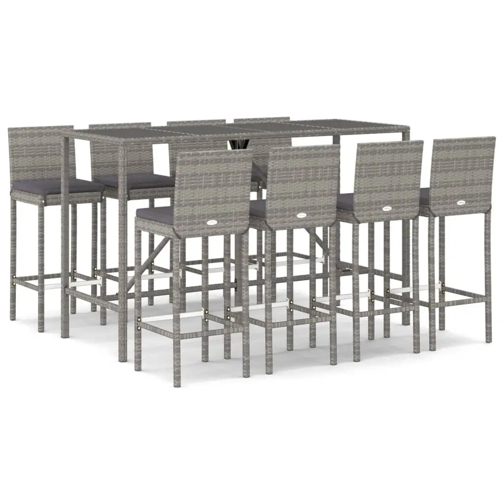 Outdoor Bar Set 9 Piece Grey Poly Rattan Garden Patio Furniture with Cushions