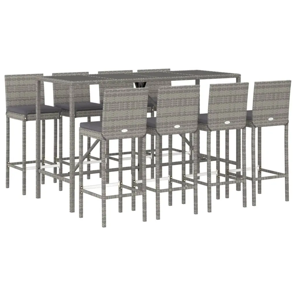 Outdoor Bar Set 9 Piece Grey Poly Rattan Garden Patio Furniture with Cushions