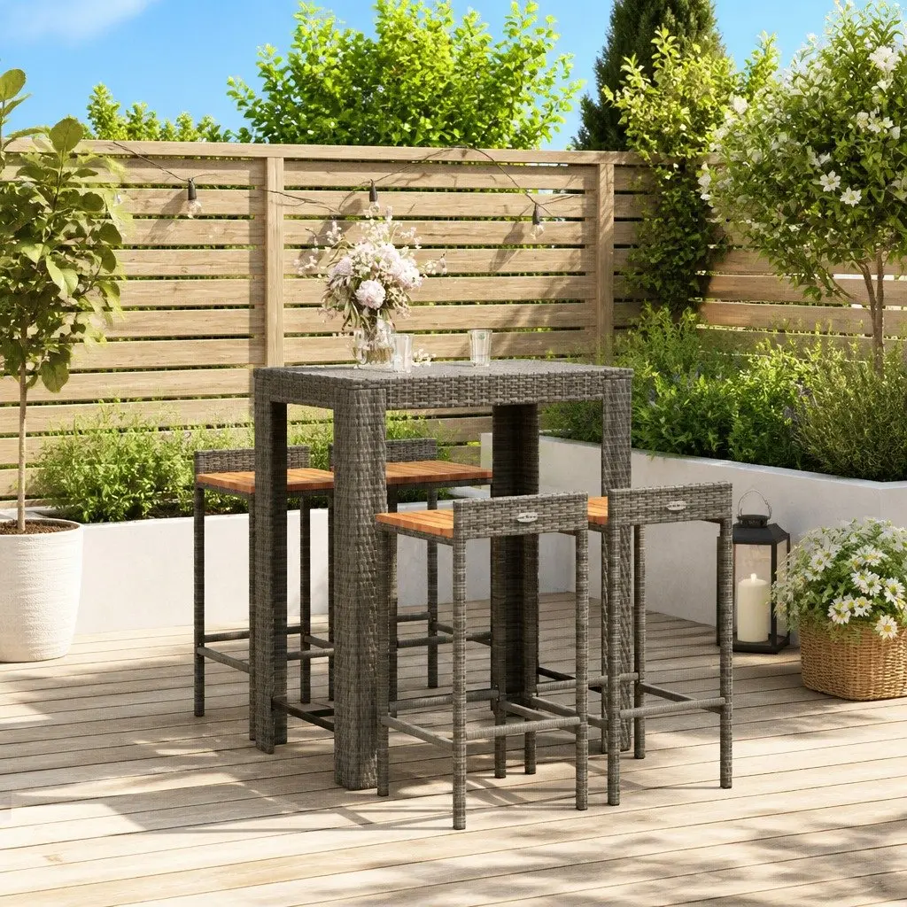 Garden Bar Set 5 Piece Outdoor Furniture Grey Poly Rattan Wood Patio Dining