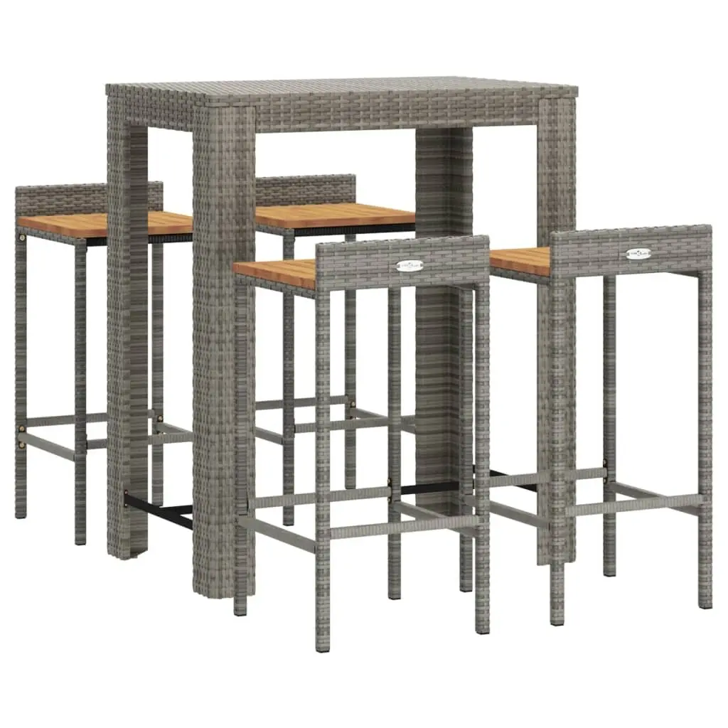 Garden Bar Set 5 Piece Outdoor Furniture Grey Poly Rattan Wood Patio Dining