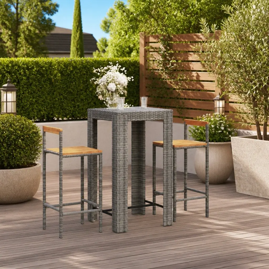 Garden Bar Set 3 Piece Grey Poly Rattan Wooden Seat Outdoor Furniture