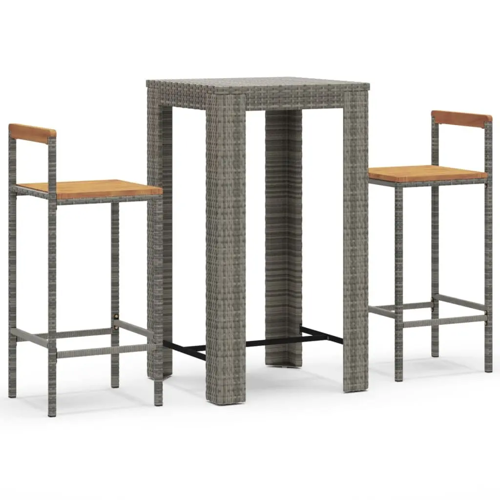Garden Bar Set 3 Piece Grey Poly Rattan Wooden Seat Outdoor Furniture
