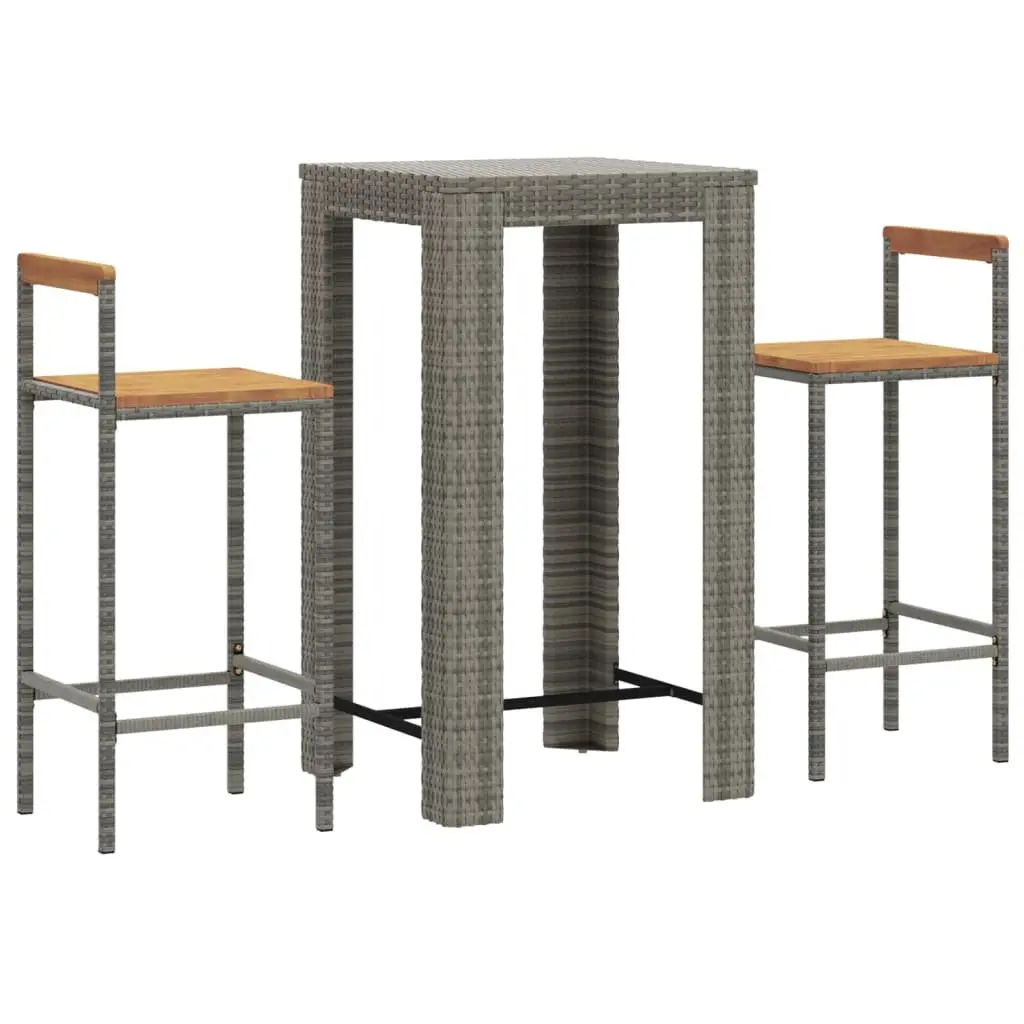 Garden Bar Set 3 Piece Grey Poly Rattan Wooden Seat Outdoor Furniture