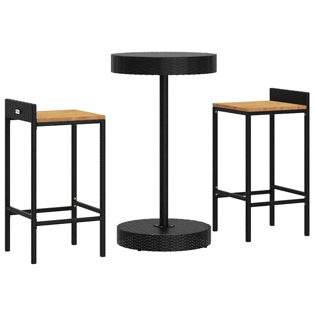 Garden Bar Set 3 Piece Outdoor Patio Furniture Black Poly Rattan Stool Table