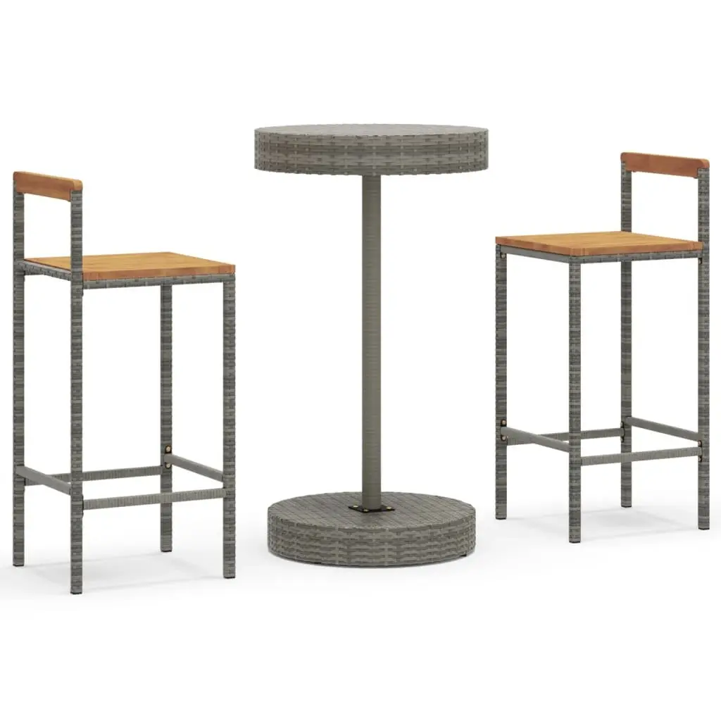 Garden Bar Set 3 Piece Outdoor Furniture Grey Poly Rattan Wooden Stool Table