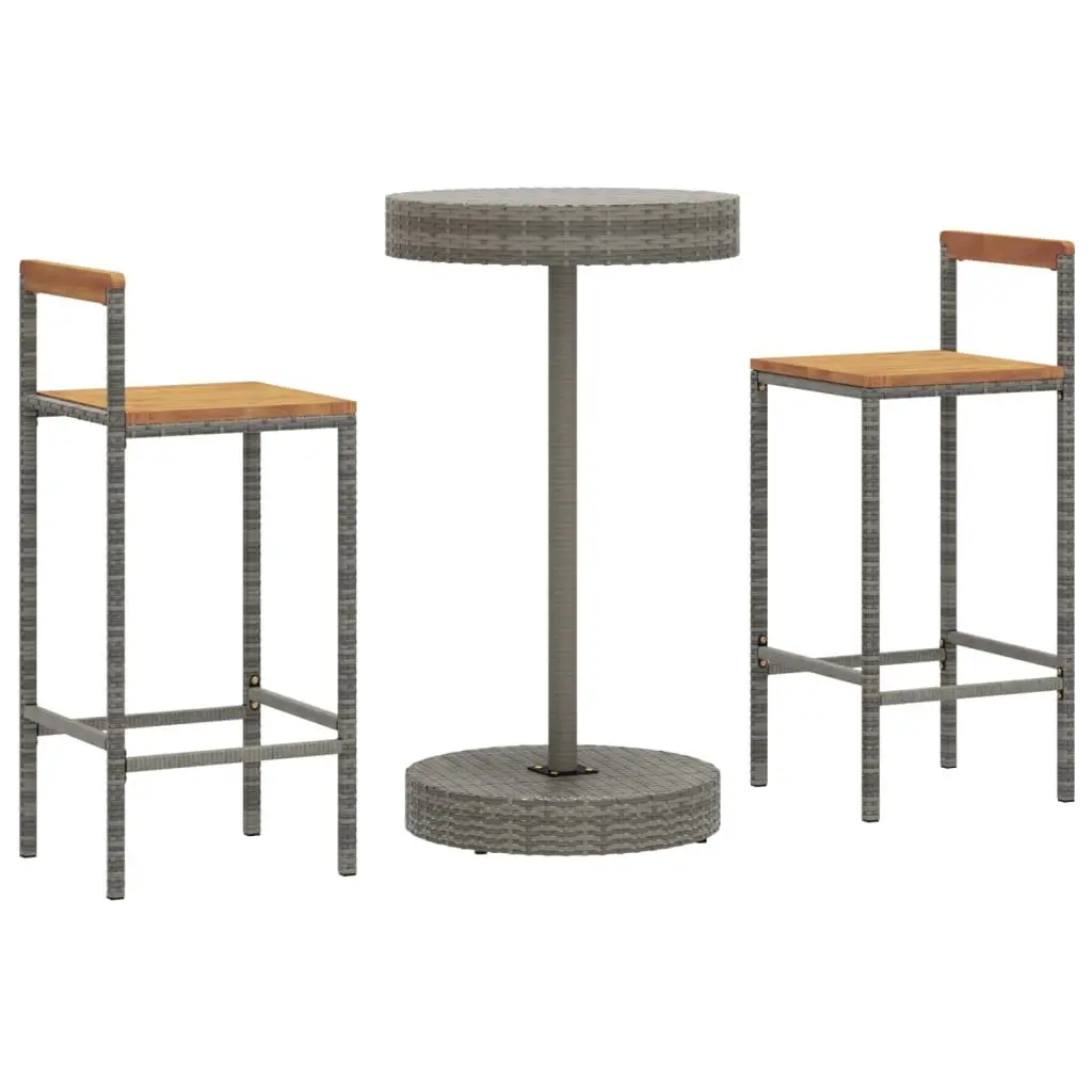 Garden Bar Set 3 Piece Outdoor Furniture Grey Poly Rattan Wooden Stool Table