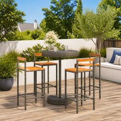 Garden Bar Set 5 Piece Outdoor Furniture Grey Poly Rattan Wooden Stools Table