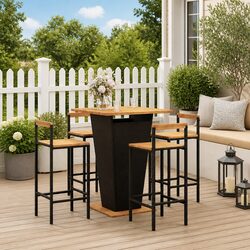 5 Piece Garden Bar Set Black Poly Rattan Outdoor Patio Furniture with Wooden
