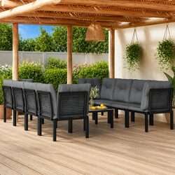 9 Piece Outdoor Garden Lounge Set Black Grey Poly Rattan Patio Furniture
