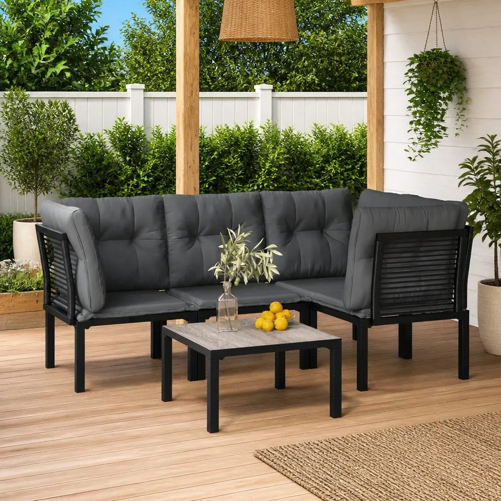 5 Piece Outdoor Garden Lounge Set Black Grey Poly Rattan Patio Furniture