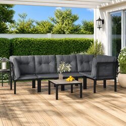 6 Piece Garden Lounge Set Black Grey Outdoor Furniture Poly Rattan Patio Sofa