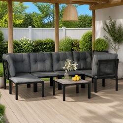 7 Piece Outdoor Garden Lounge Set Black Grey Poly Rattan Patio Furniture