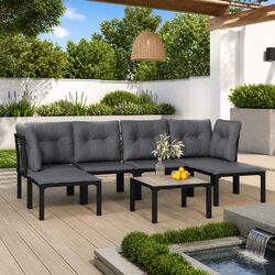 7 Piece Outdoor Garden Lounge Set Black Grey Poly Rattan Patio Furniture